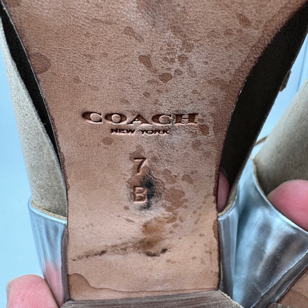 Coach Lexey Mirror Metallic Silver Leather Sandals Block Heel Ankle Strap 7‎ B - Picture 7 of 7